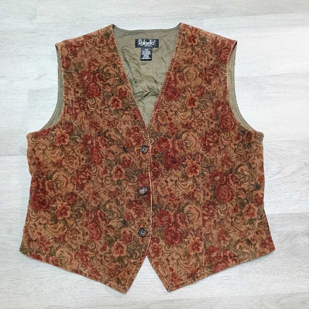 Rafaella Vtg Corduroy Velvet Red Tan Floral Vest 14 Petite
